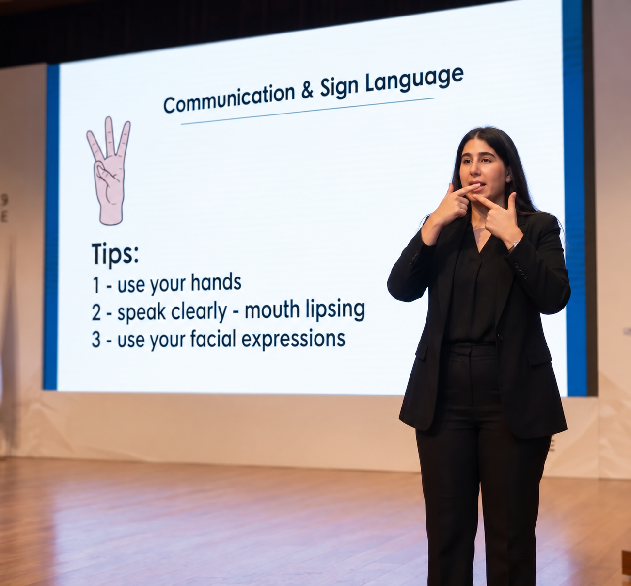 Maria Chalhoub interpreting live on stage for the Deaf community